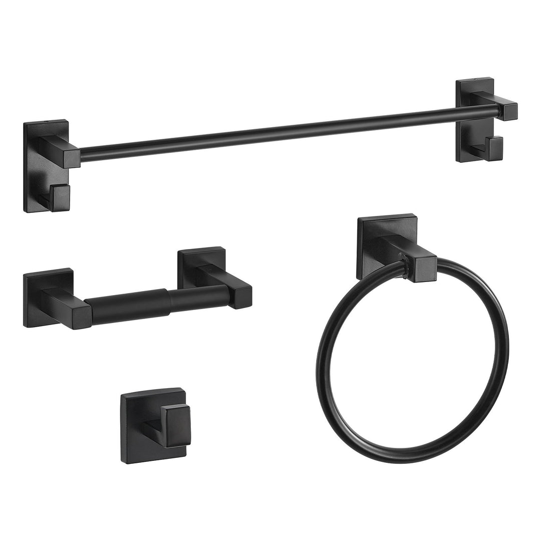 Matte Black Bathroom Hardware Set, 4 Pieces Stainless Steel Bathroom Accessories Set, 24-inch Towel Bar, Towel Ring, Robe Towel Hook, Toilet Paper Holder, For Bath Room, Wall Mounted